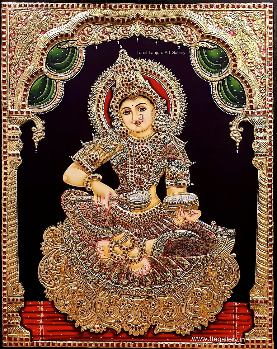 Traditional Tanjore Painting of Goddess Saraswati Playing Veena in Ornate Gold Frame HD phone wallpaper