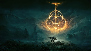 Elden Ring Dark Fantasy Landscape with Glowing Golden Sigil and Lone Warrior HD wallpaper