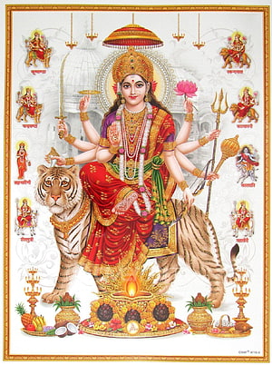 Goddess Amba Maa Sheravali Riding Tiger with Trident and Sword in Traditional Indian Art HD phone wallpaper