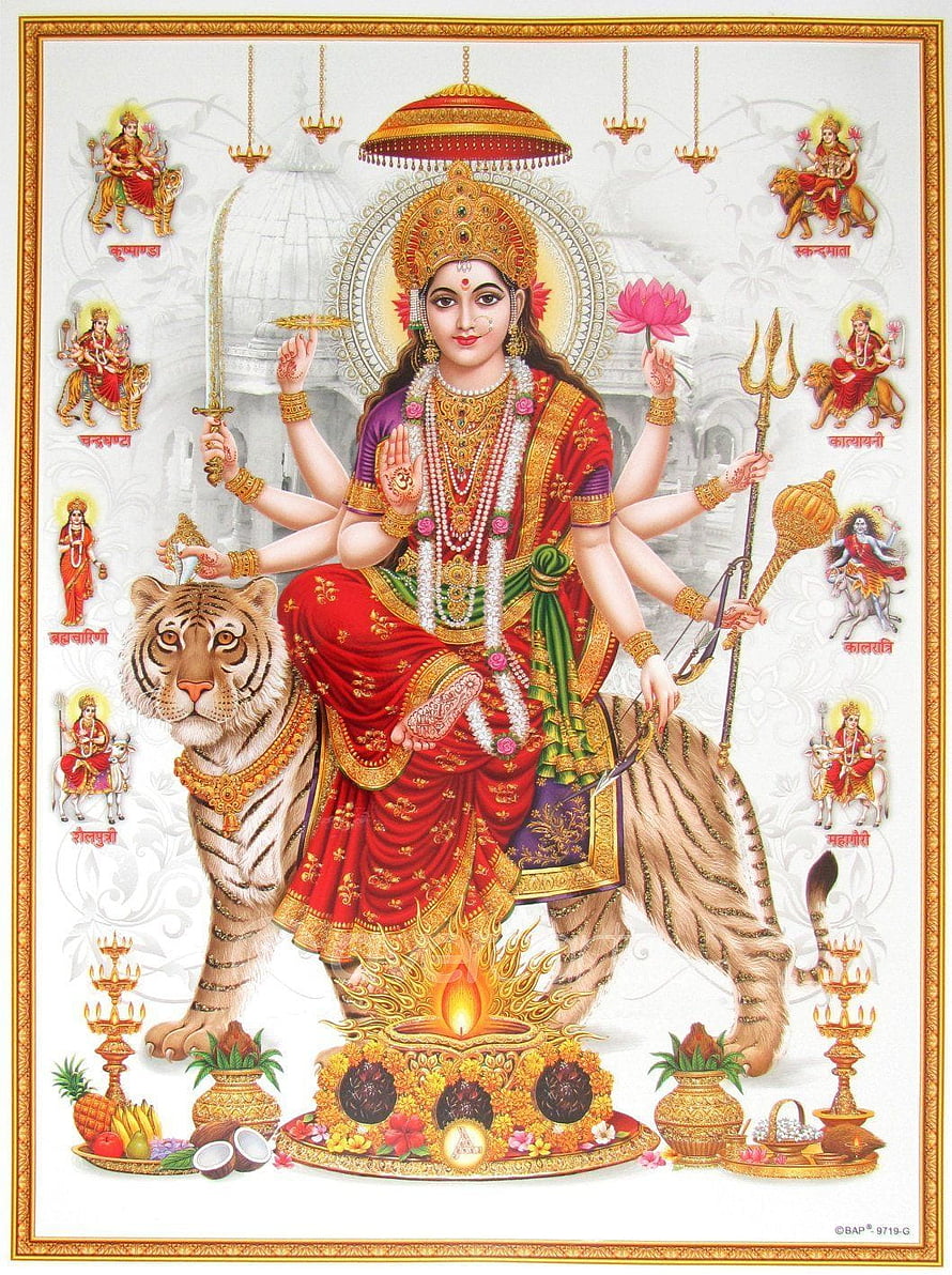 Goddess Amba Maa Sheravali Riding Tiger with Trident and Sword in Traditional Indian Art HD phone wallpaper