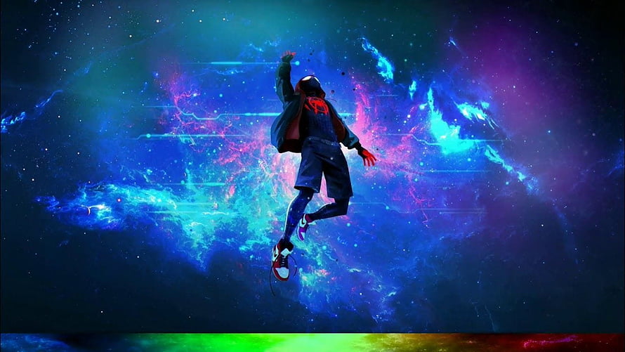 Spider-Man Floating in Vibrant Cosmic Nebula with RGB Lighting Effects HD wallpaper