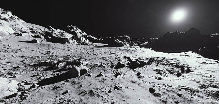 Black and White Lunar Surface Landscape with Rocky Terrain and Distant Sun HD wallpaper