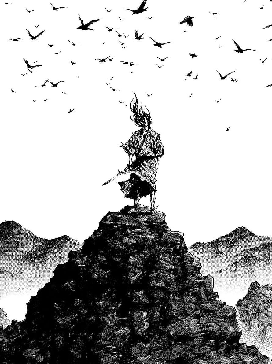 Vagabond Manga Samurai Standing on Rocky Peak with Flock of Birds in Black and White Ink Illustration HD phone wallpaper