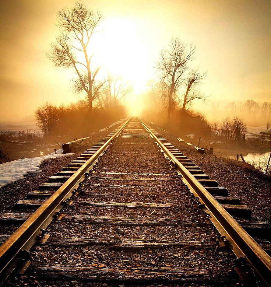 Misty Sunrise Over Rural Railroad Tracks With Bare Trees And Snow HD phone wallpaper