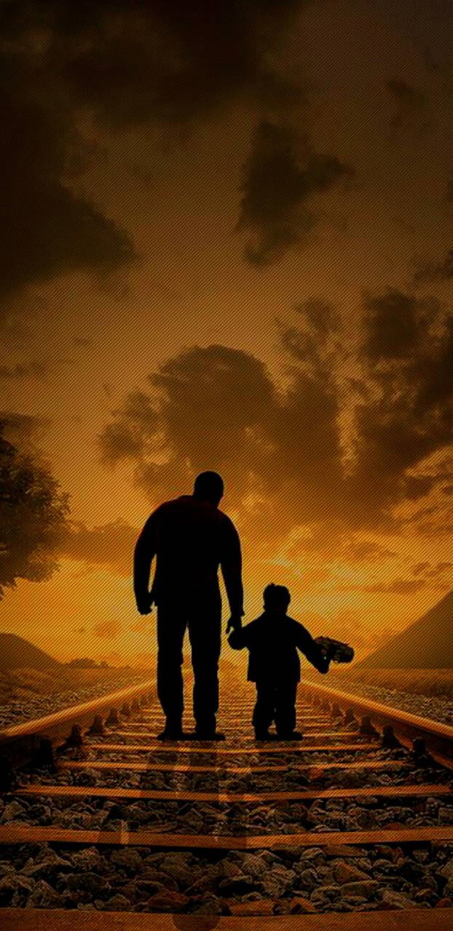 Silhouette of a father and child walking hand in hand along railway tracks at sunset HD phone wallpaper