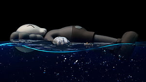 KAWS Companion Figure Floating in Deep Blue Water with Tiny Boat HD wallpaper