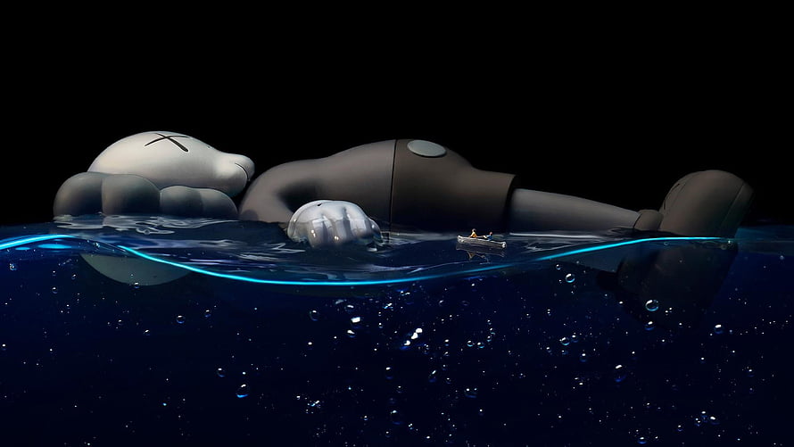 KAWS Companion Figure Floating in Deep Blue Water with Tiny Boat HD wallpaper
