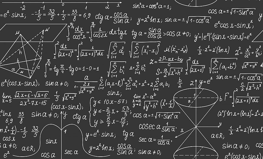 Handwritten Mathematical Formulas and Geometric Diagrams on a Dark Chalkboard Background HD wallpaper