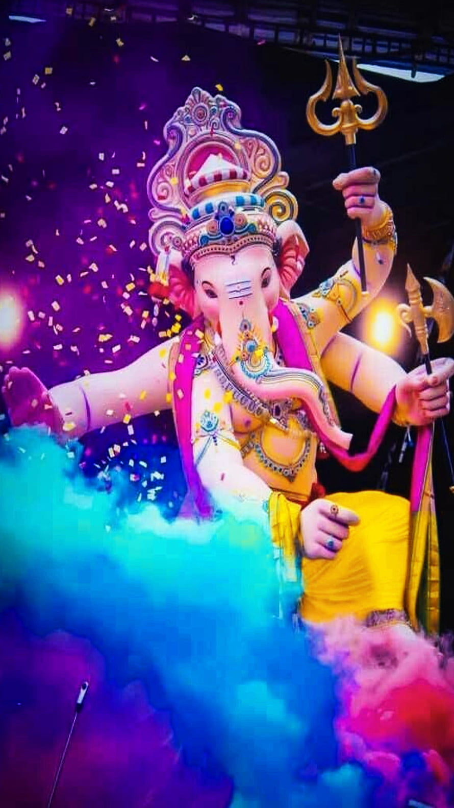 Ganpati Bappa Morya: Vibrant Ganesha Idol with Trishul and Colorful Festival Smoke HD phone wallpaper