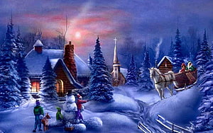 Cozy Winter Village Scene with Snowman, Horse Sleigh, and Church at Dusk HD wallpaper