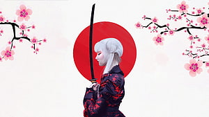 White-Haired Samurai Woman in Kimono Holding Katana Against Red Sun and Cherry Blossoms HD wallpaper