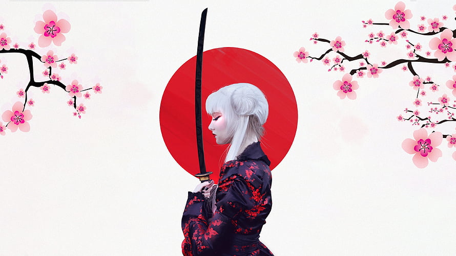 White-Haired Samurai Woman in Kimono Holding Katana Against Red Sun and Cherry Blossoms HD wallpaper