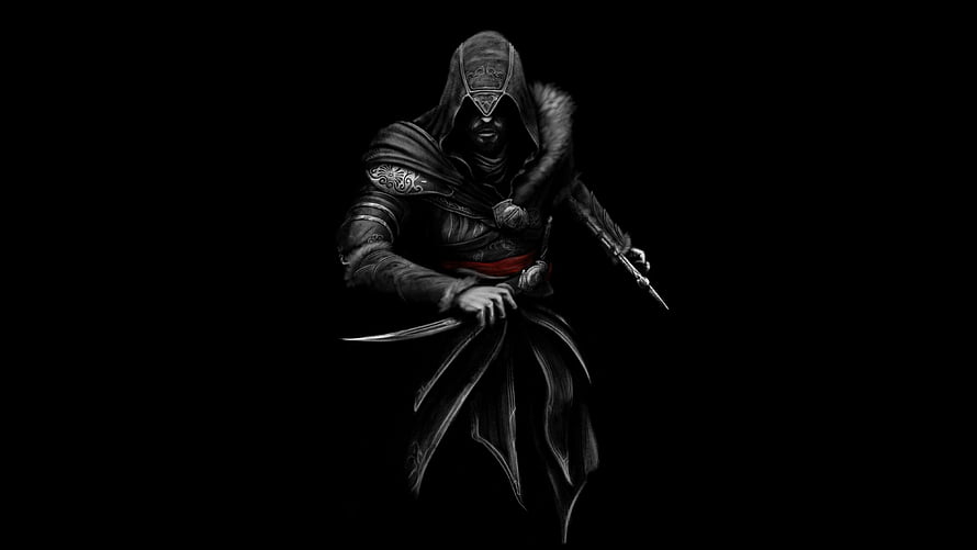 Assassin's Creed Ezio in Dark Hooded Robes Holding Hidden Blade HD wallpaper