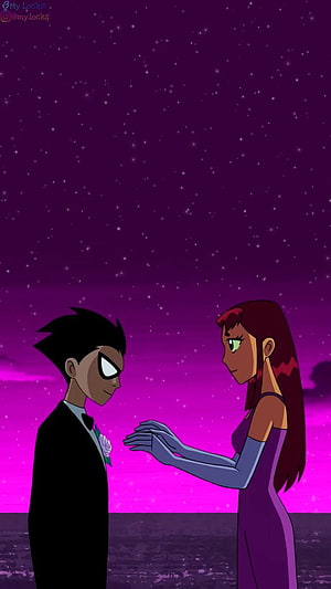 Robin and Starfire in Formal Attire Under a Starry Purple Sky HD phone wallpaper