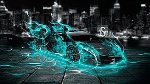 Lamborghini Enveloped in Cyan Digital Flames Against a Nighttime City Skyline HD wallpaper