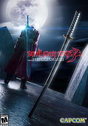 Devil May Cry 3 Dante's Awakening promotional artwork featuring Dante with sword under a full moon HD phone wallpaper
