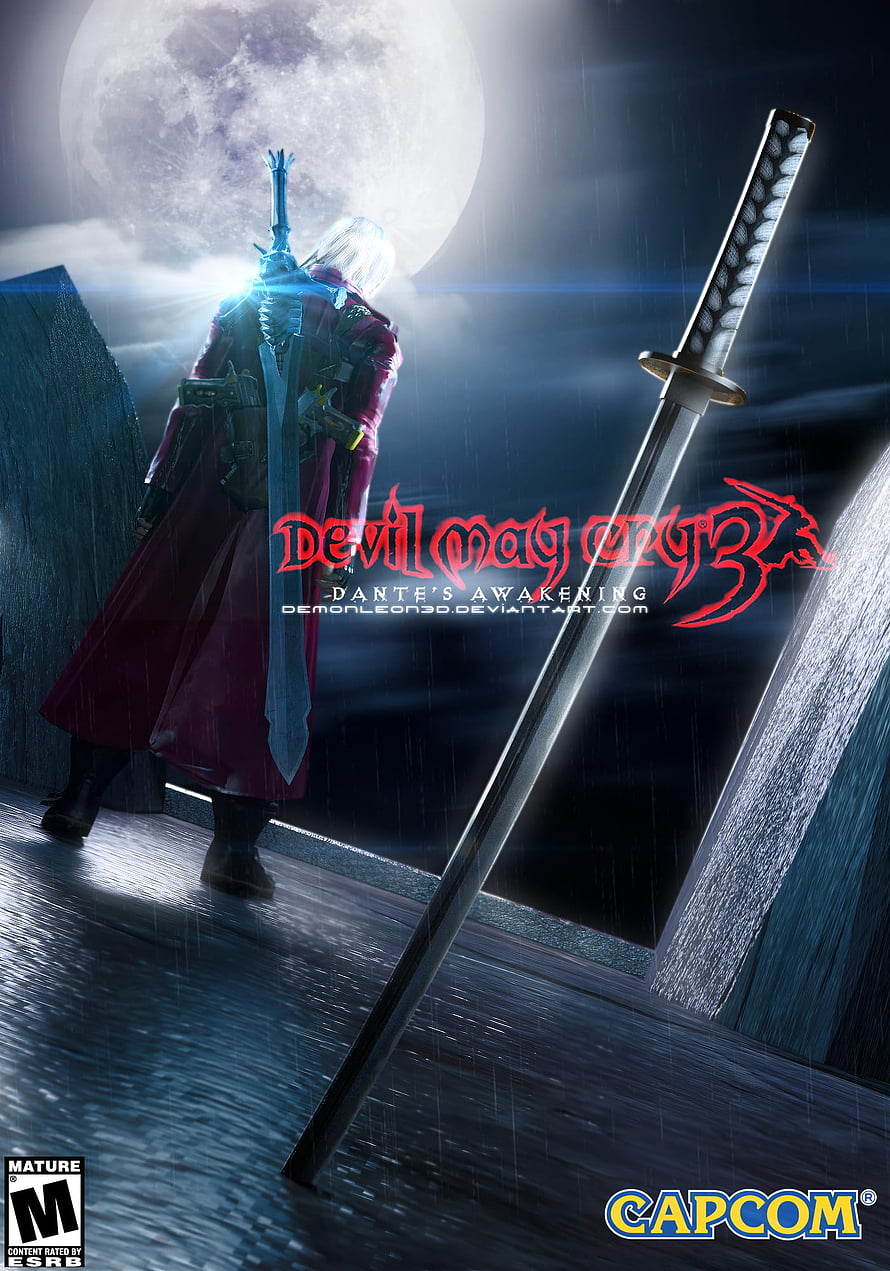 Devil May Cry 3 Dante's Awakening promotional artwork featuring Dante with sword under a full moon HD phone wallpaper