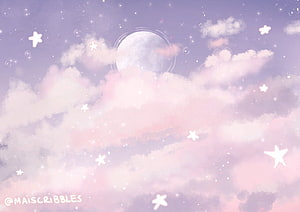 Dreamy Pastel Sky with Moon, Clouds, and Stars in Soft Pink and Lavender Tones HD wallpaper