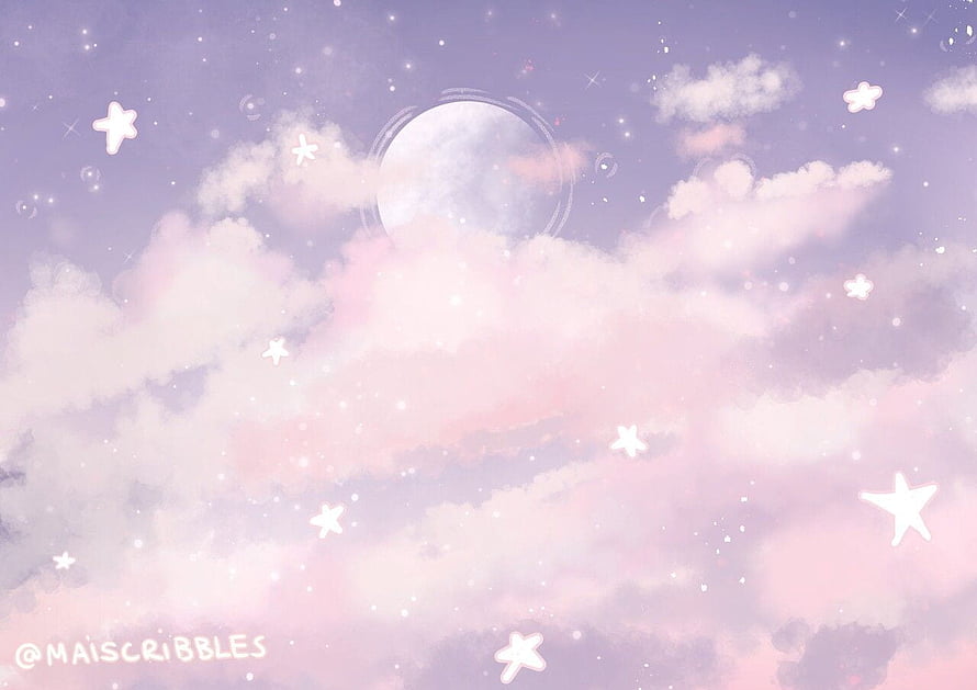 Dreamy Pastel Sky with Moon, Clouds, and Stars in Soft Pink and Lavender Tones HD wallpaper
