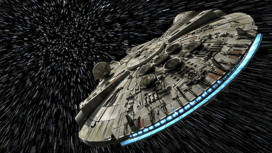 Millennium Falcon Starship in Hyperspace with Starfield Background HD wallpaper