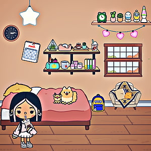 Toca Boca Bedroom Interior With Cute Girl And Fluffy Dog HD phone wallpaper