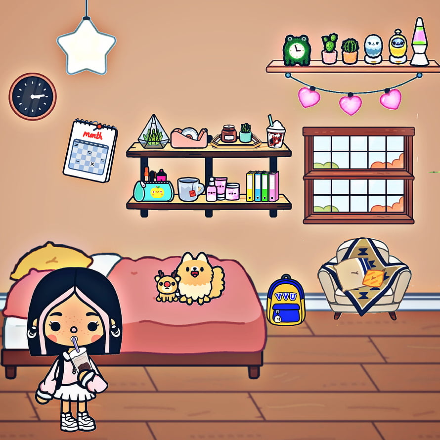 Toca Boca Bedroom Interior With Cute Girl And Fluffy Dog HD phone wallpaper