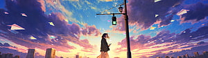 Anime Girl Standing at City Crosswalk Under Dreamy Sunset Sky with Floating Paper Planes HD wallpaper