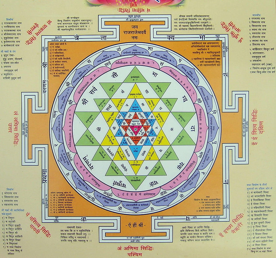 Sri Yantra Sacred Geometry Diagram with Sanskrit Mantras and Geometric Triangles HD wallpaper