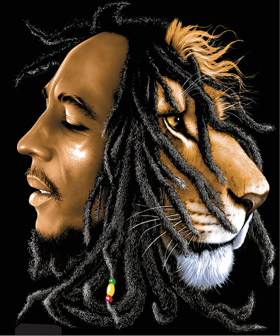 Bob Marley and Lion Dual Profile Digital Art Portrait HD phone wallpaper