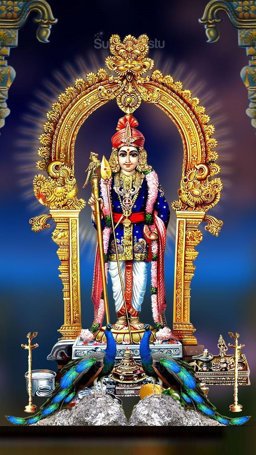 Lord Murugan Palani Murugan Divine Idol with Peacocks and Golden Arch HD phone wallpaper