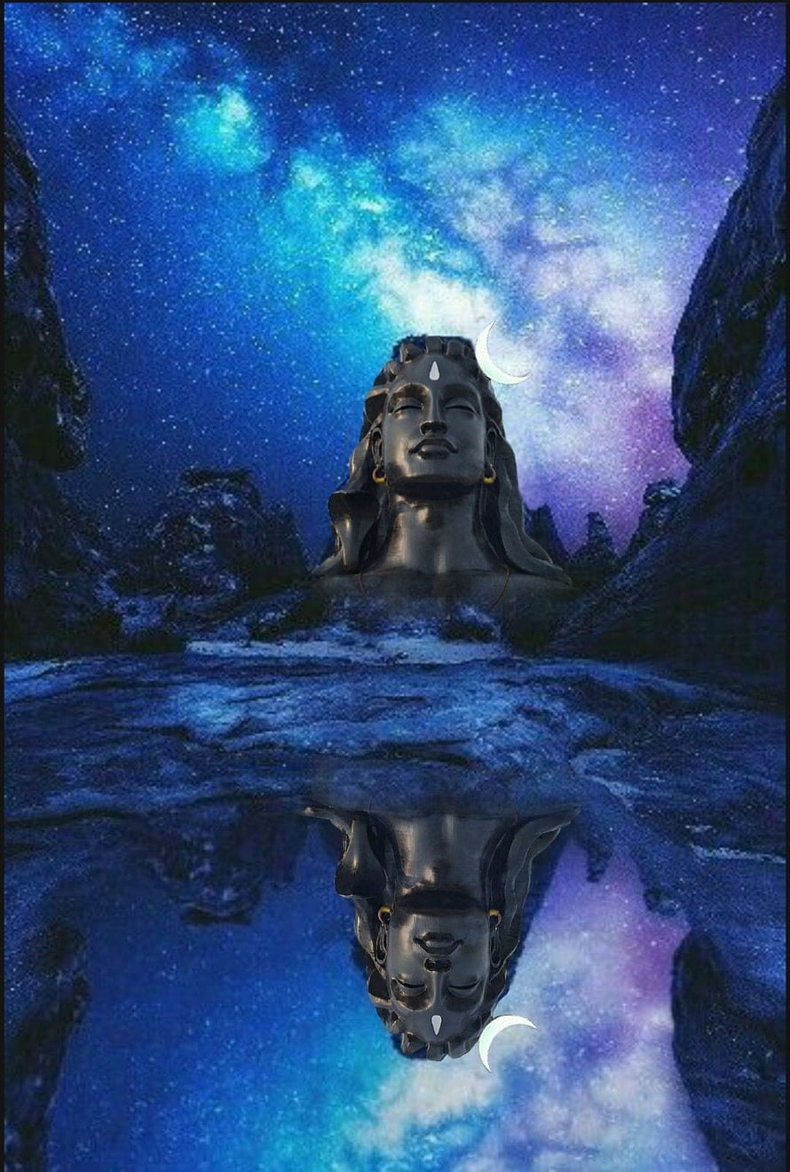Lord Shiva Adiyogi Statue Under Starry Night Sky With Water Reflection HD phone wallpaper