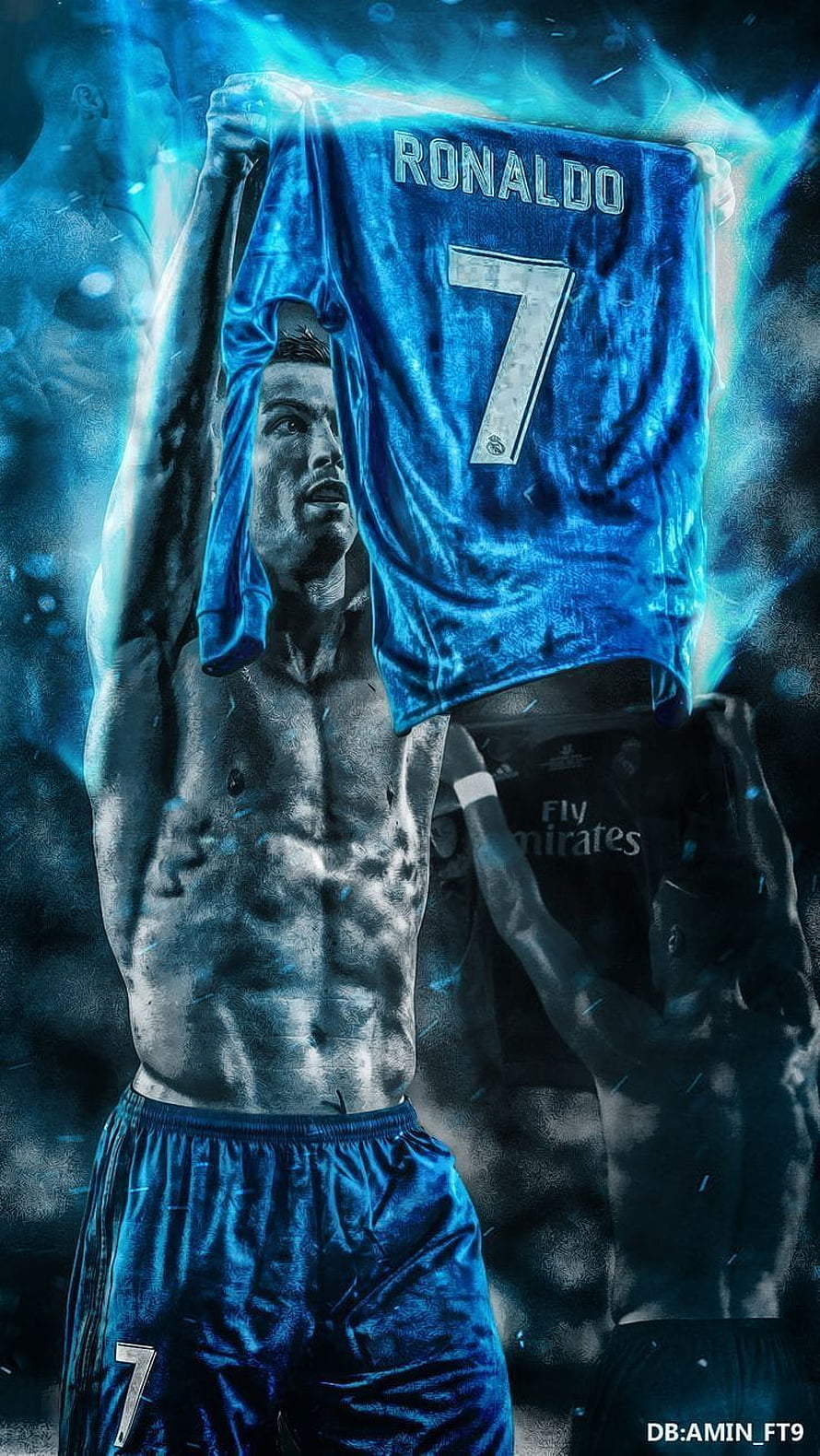 Cristiano Ronaldo holding Real Madrid jersey with blue fire effect HD phone wallpaper