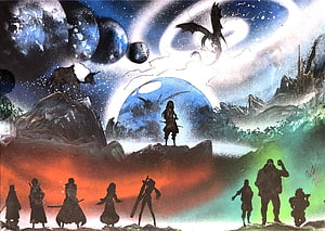 Tensei Slime Fantasy Landscape with Silhouetted Heroes and Dragons HD wallpaper