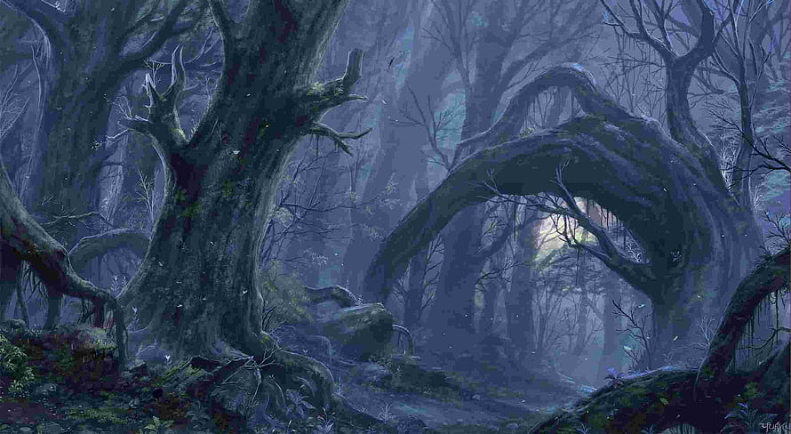 Gothic Fantasy Forest Scene with Ancient Twisted Trees and Misty Atmosphere HD wallpaper