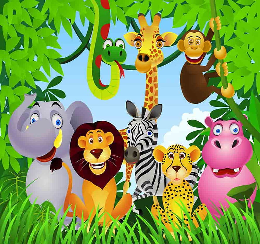Colorful Cartoon Jungle Animals Including Lion, Elephant, Zebra, Giraffe, Monkey, Snake, Leopard, and Hippo HD wallpaper