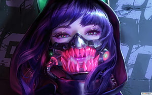 Cyberpunk Girl with Neon Mechanical Mask and Purple Hair HD wallpaper