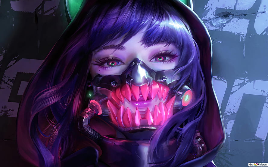 Cyberpunk Girl with Neon Mechanical Mask and Purple Hair HD wallpaper