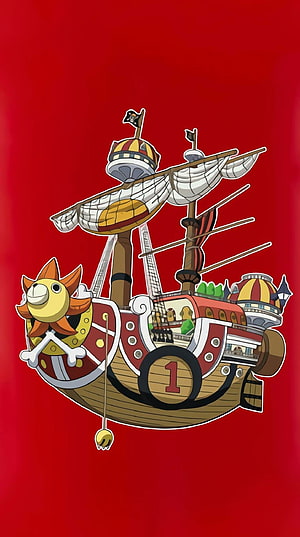 Thousand Sunny Pirate Ship from One Piece on Vibrant Red Background HD phone wallpaper