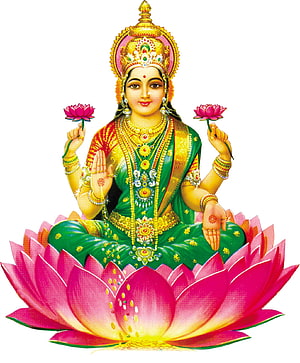Goddess Lakshmi Seated on Lotus with Four Arms and Pink Flowers HD phone wallpaper