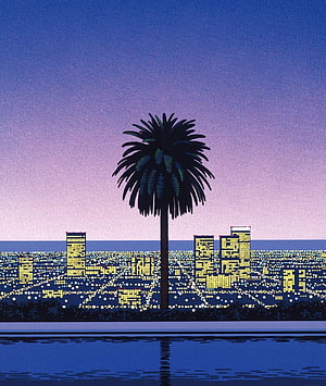 Hiroshi Nagai Palm Tree and City Lights at Dusk HD phone wallpaper