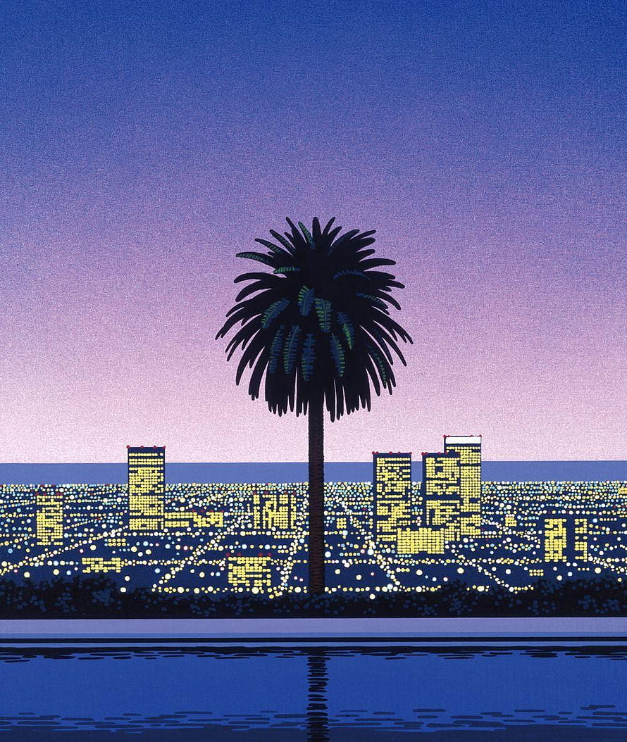 Hiroshi Nagai Palm Tree and City Lights at Dusk HD phone wallpaper