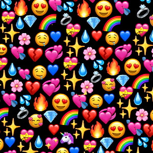 Colorful Emoji Pattern Wallpaper Featuring Hearts, Rainbows, and Sparkles on Black Background HD phone wallpaper