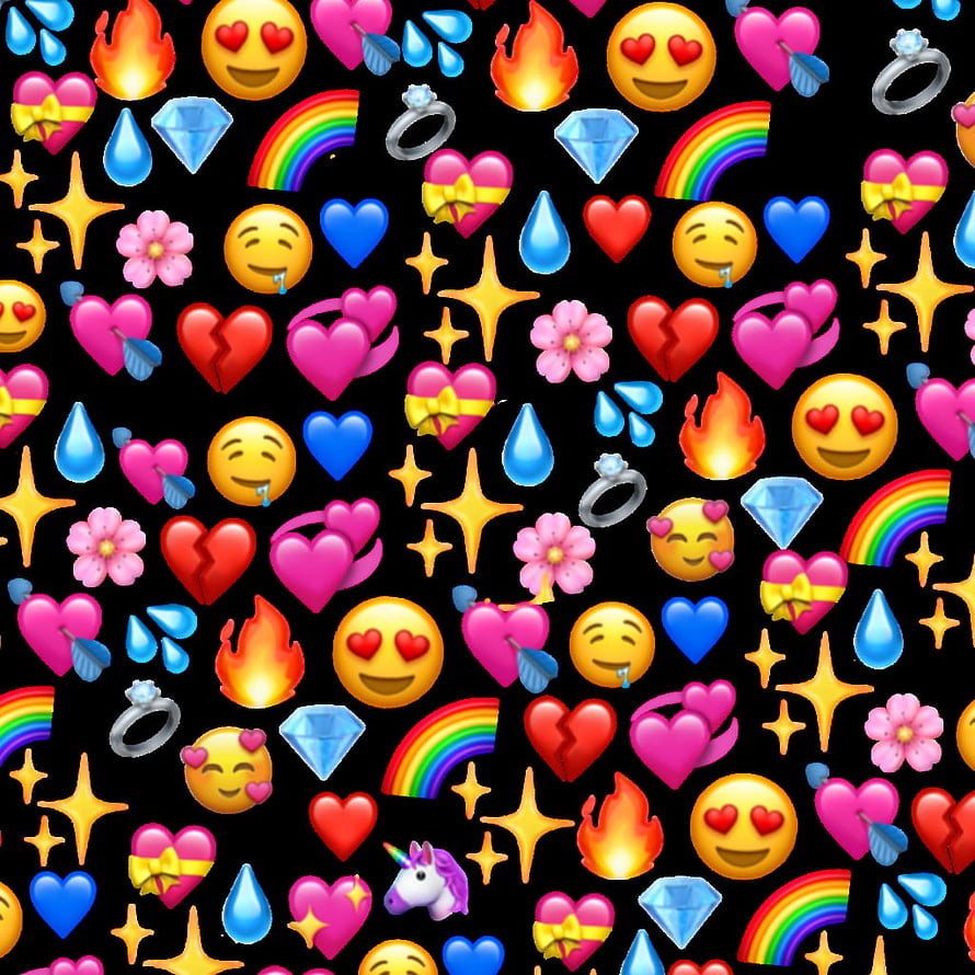 Colorful Emoji Pattern Wallpaper Featuring Hearts, Rainbows, and Sparkles on Black Background HD phone wallpaper