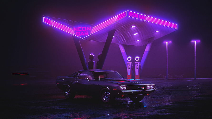 Classic American Muscle Car Parked at a Retro Neon Gas Station at Night HD wallpaper