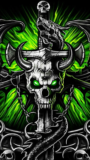 Gothic Metal Skull with Dragon and Sword, Dark Green Fantasy Art HD phone wallpaper