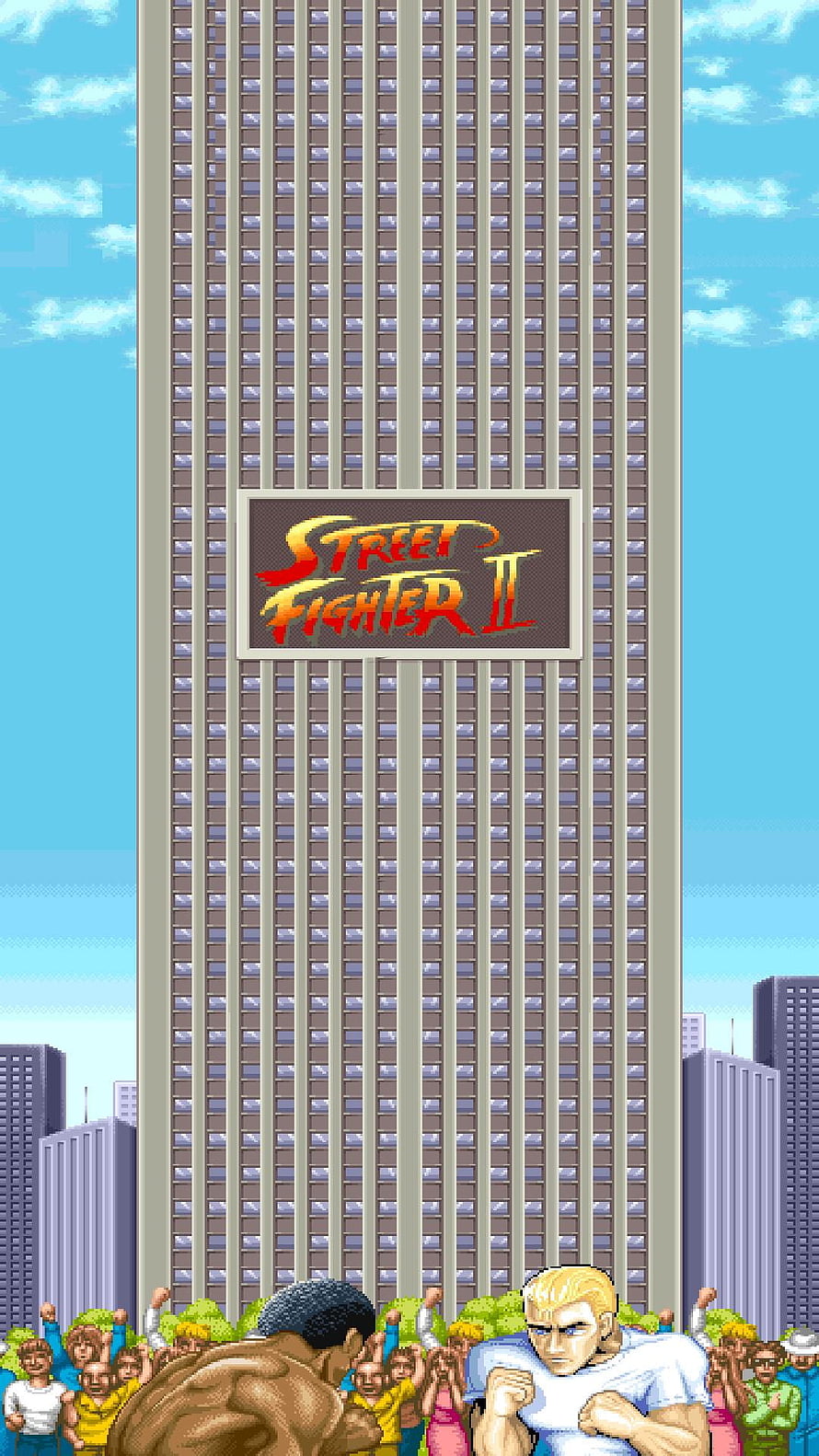 Street Fighter II Arcade Intro Scene with Ryu and Ken Facing Off Before a Crowd HD phone wallpaper