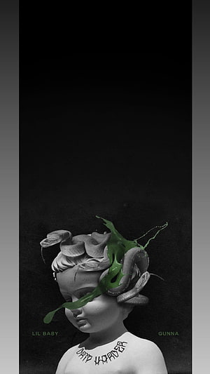 Medusa Statue with Green Paint Drip and Drip Harder Text on Dark Background HD phone wallpaper