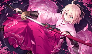 Okita Souji from Fate Grand Order in a pink kimono wielding a katana with cherry blossom petals HD wallpaper