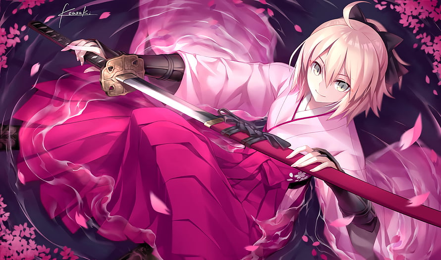 Okita Souji from Fate Grand Order in a pink kimono wielding a katana with cherry blossom petals HD wallpaper