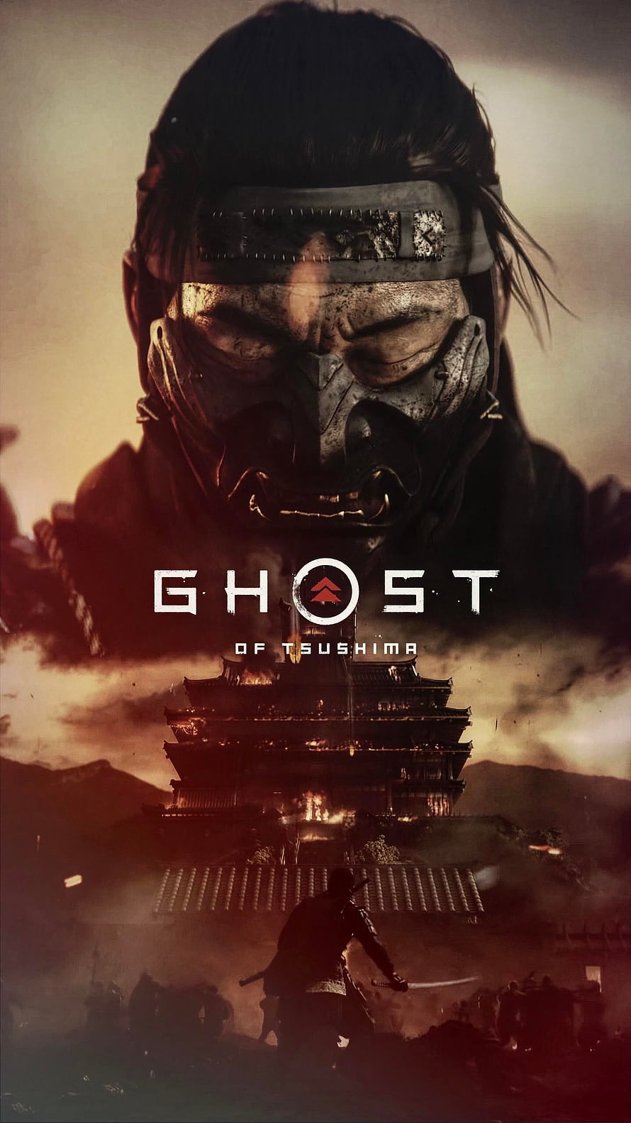 Ghost of Tsushima Samurai Mask and Burning Castle Key Art HD phone wallpaper